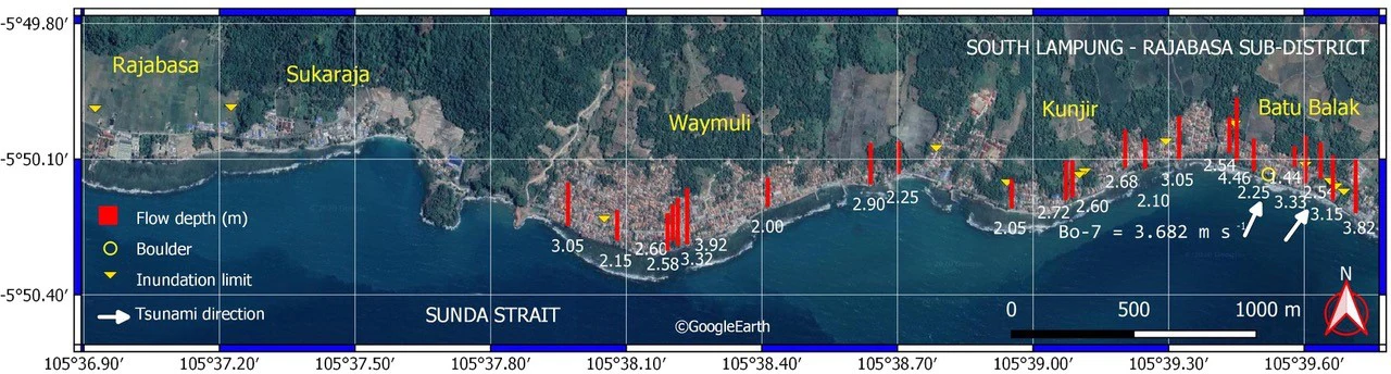 Field-survey map of tsunami flow depths and measured inundation limits along the Rajabasa coast in South Lampung
