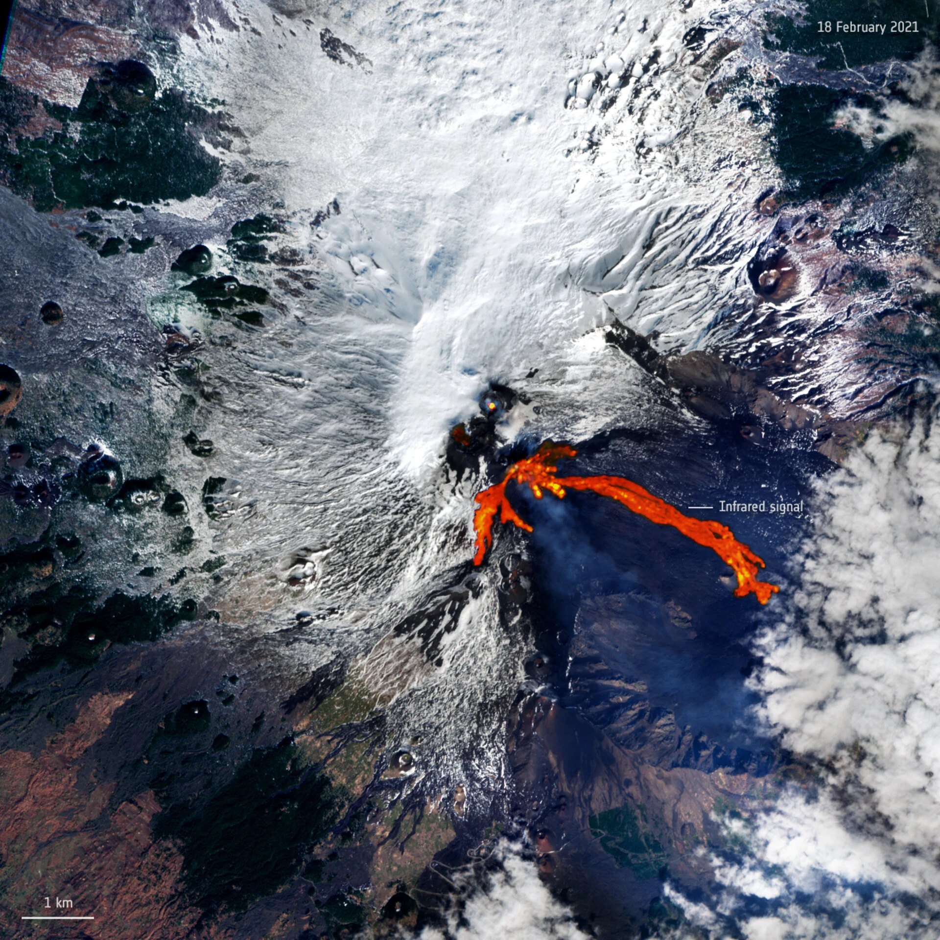 Copernicus Sentinel-2 satellite image of Mount Etna with February 2021 lava flows highlighted in red