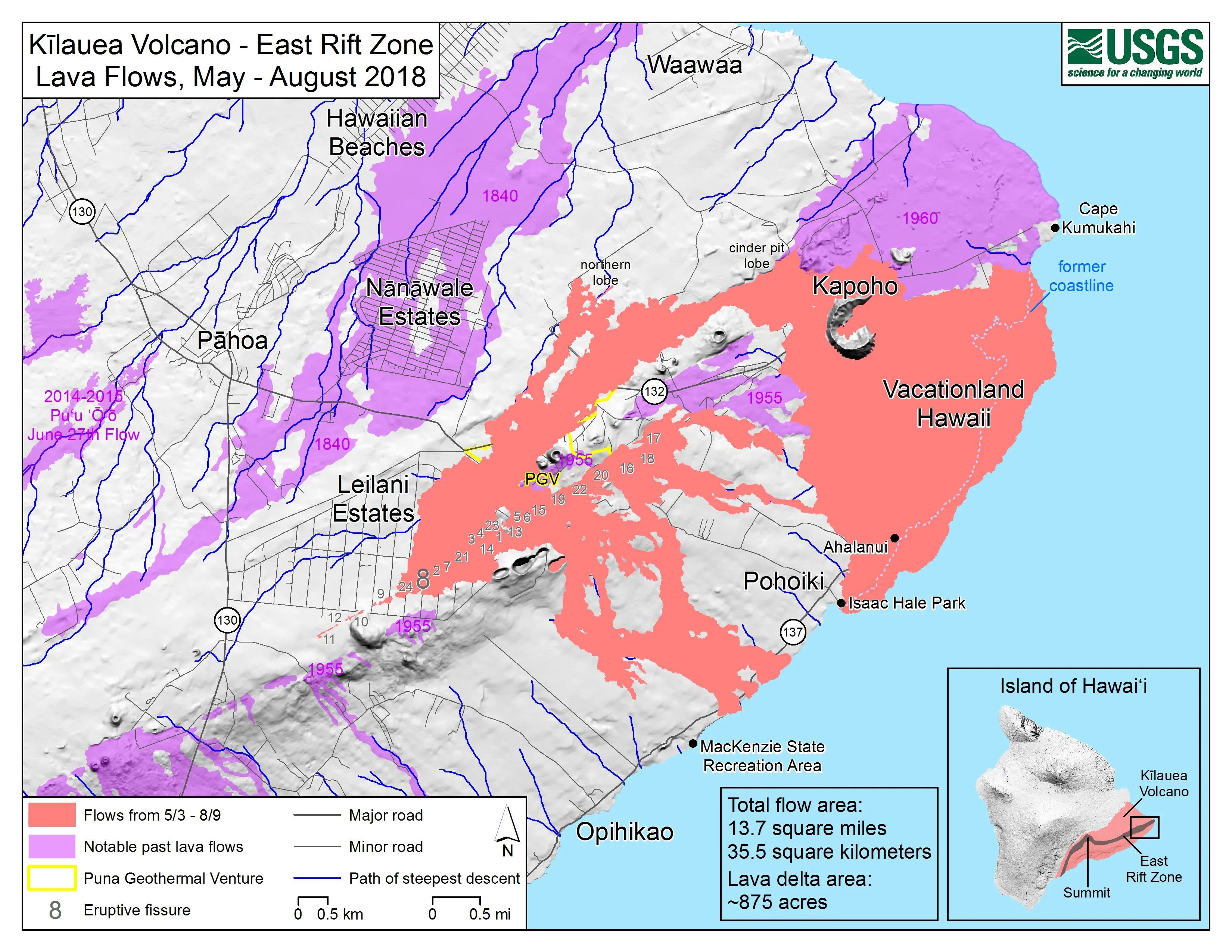 USGS map showing the final 2018 Kīlauea lava flow footprint in pink, alongside older lava flows in purple