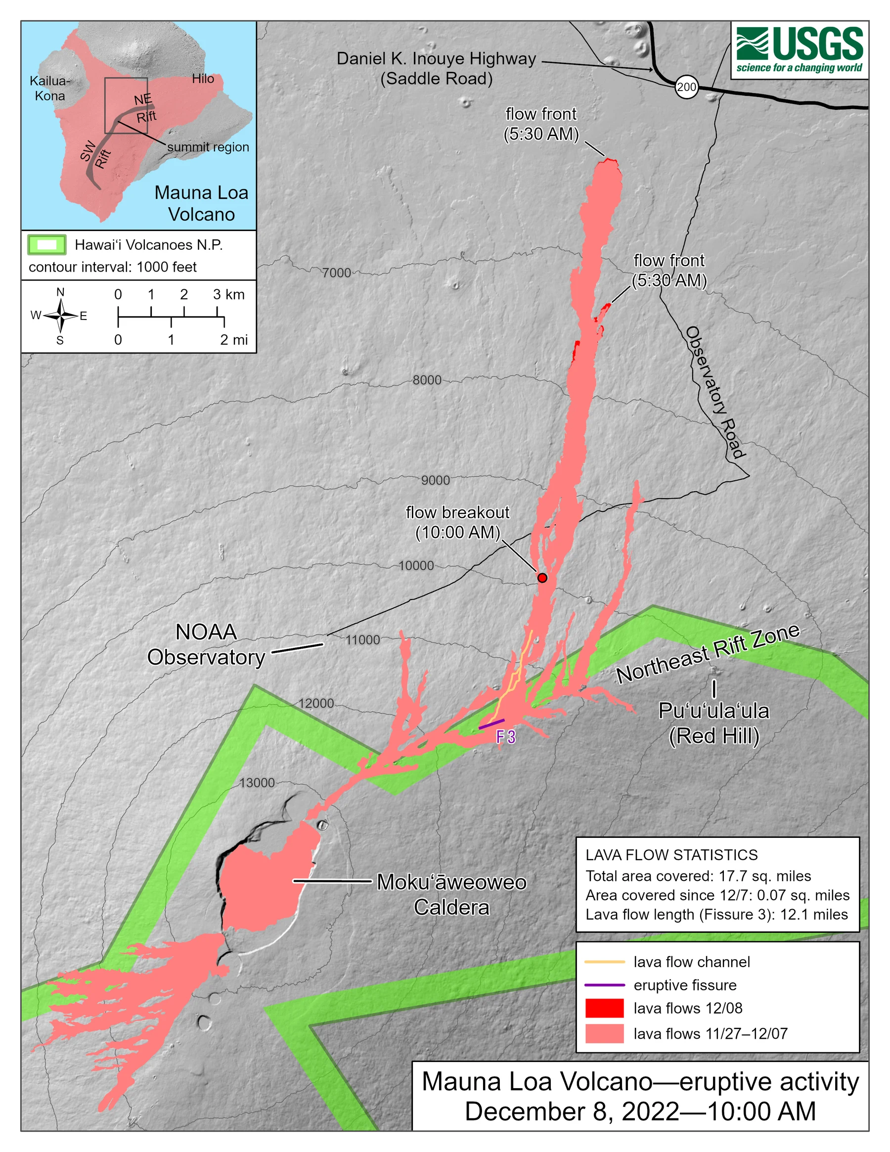 USGS map showing Mauna Loa's December 8, 2022 lava flows on the Northeast Rift Zone and nearby roads