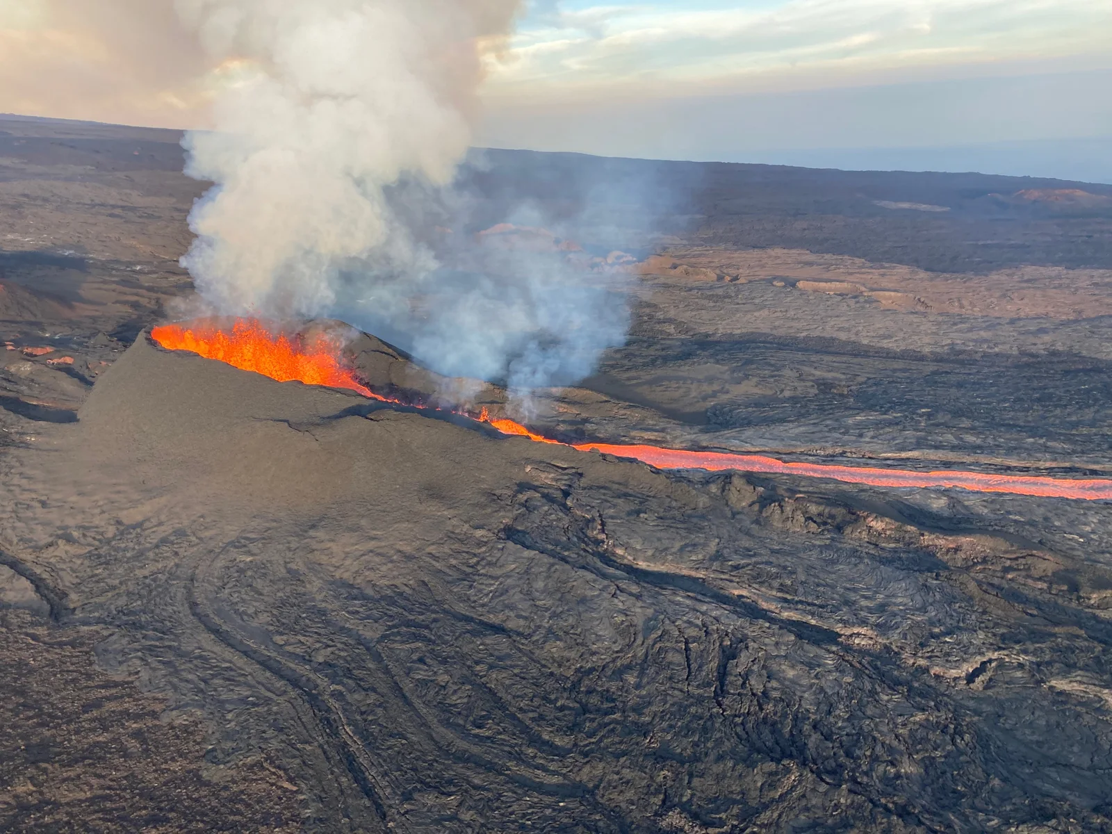 Aerial view of lava fountains at fissure 3 on Mauna Loa’s Northeast Rift Zone, December 7, 2022