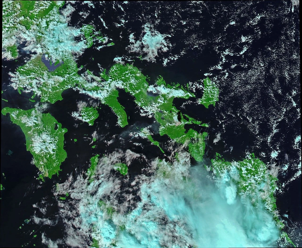 NASA Aqua MODIS satellite view of Mayon Volcano during its January 22, 2018 eruptive episode, using thermal infrared bands