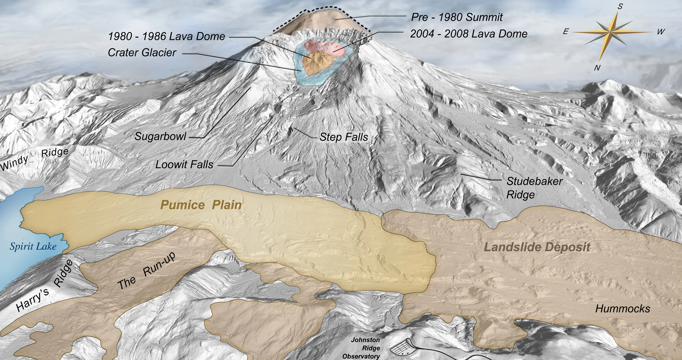 Shaded-relief map of Mount St. Helens after the 1980 eruption, showing the crater and debris-avalanche deposits