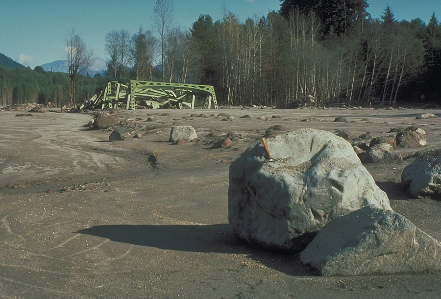 Bridge submerged and destroyed by the May 18, 1980 Mount St. Helens lahar in the North Fork Toutle River